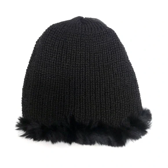 NWT Reversible Knit Beanie Genuine Fur Hat in Solid Black Overstock MSRP $68 - Picture 5 of 7